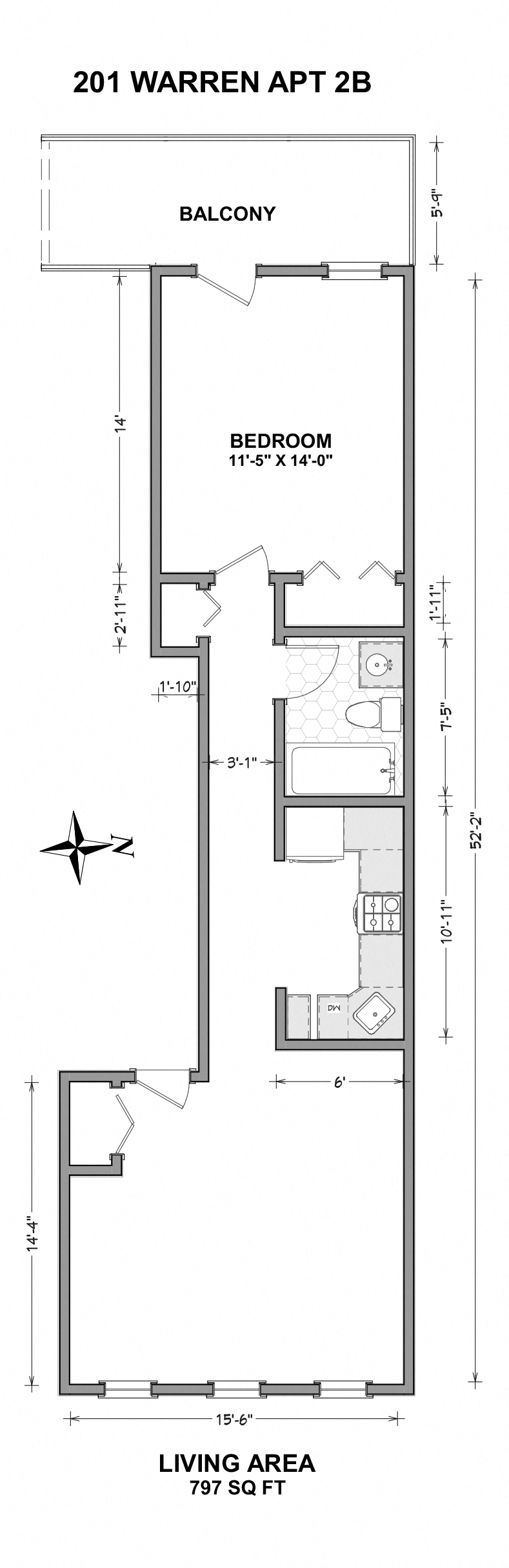 Floor plan for 1 bed, 1 bath, 800 sqft
